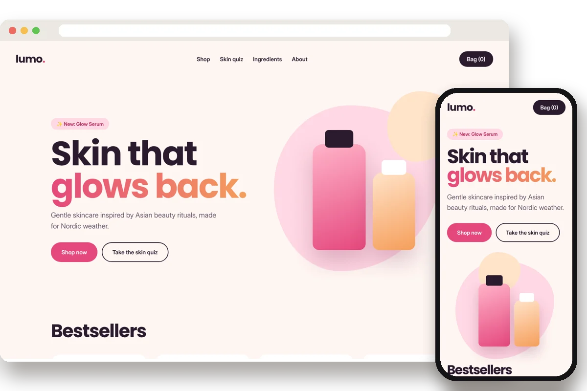 Skincare brand website concept shown on a laptop and a phone: pink pastel design with product bottles and a bold headline