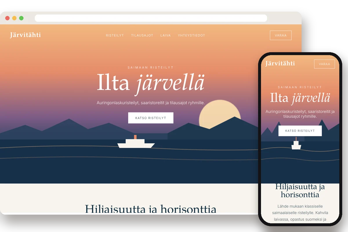 Lake cruise website concept shown on a laptop and a phone: a sunset over the lake with a boat and an elegant serif headline