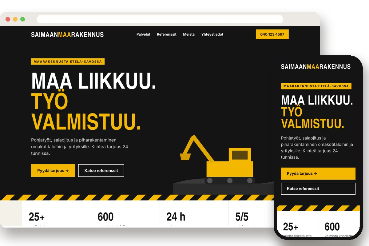 Earthworks company website concept shown on a laptop and a phone: black and yellow design with a large Finnish headline and an excavator illustration