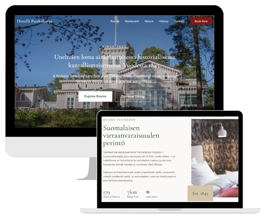 Hotelli Punkaharju website design shown on a desktop and a laptop: a hero photo of the historic hotel building, and a section about the hotel's history with a guest room photo