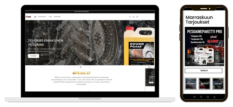 TAsol online store shown on a laptop and a phone: a product hero for Power Foam cleaning detergent, and a mobile page of monthly offers