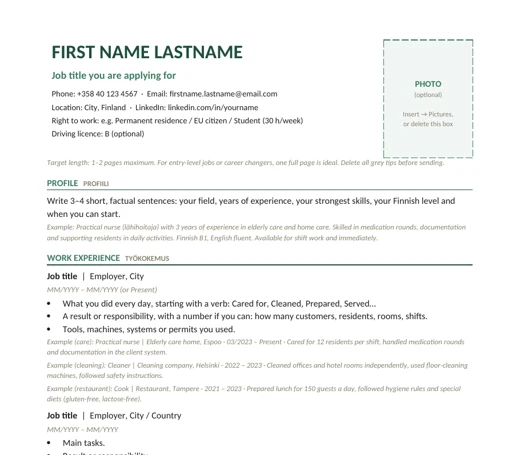 Preview of the free Fovo Finnish CV template