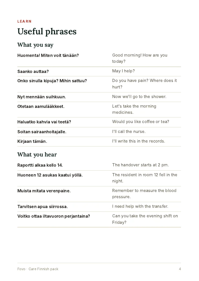 A page of useful phrases from the care work pack
